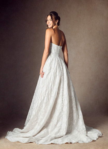 Diamond White Ball-Gown Strapless Floral Burnout Jacquard Dress