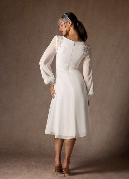 Diamond White A-Line V-Neck Lace Chiffon Dress