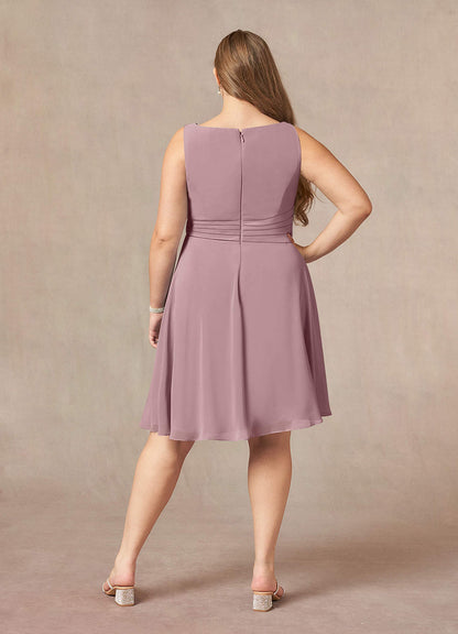 Dusty Rose A-Line Scoop Pleated Chiffon Dress