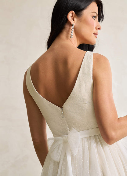 Diamond White Champagne A-Line Bow Tulle Dress