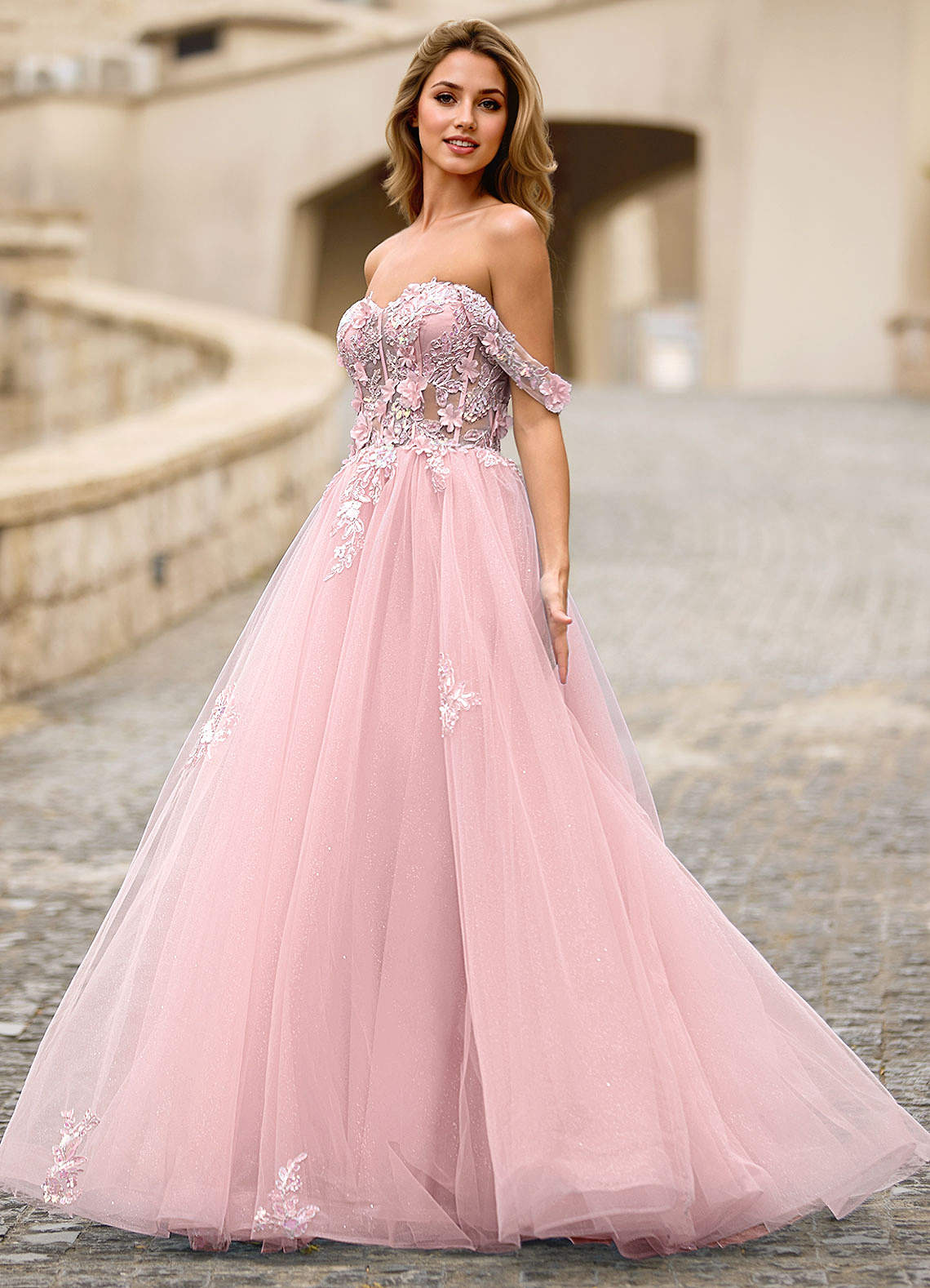 Eleanor Pink 3D Floral Lace Prom Dress  Dress