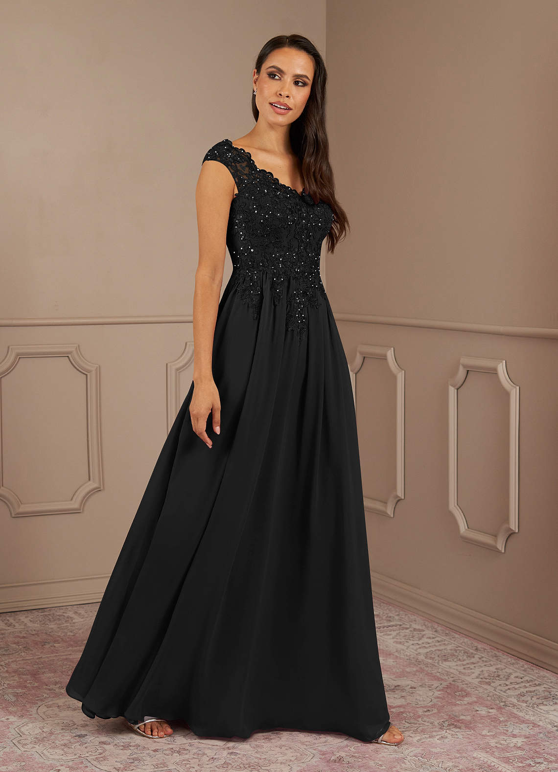 Black A-Line V-Neck Sequins Chiffon Dress