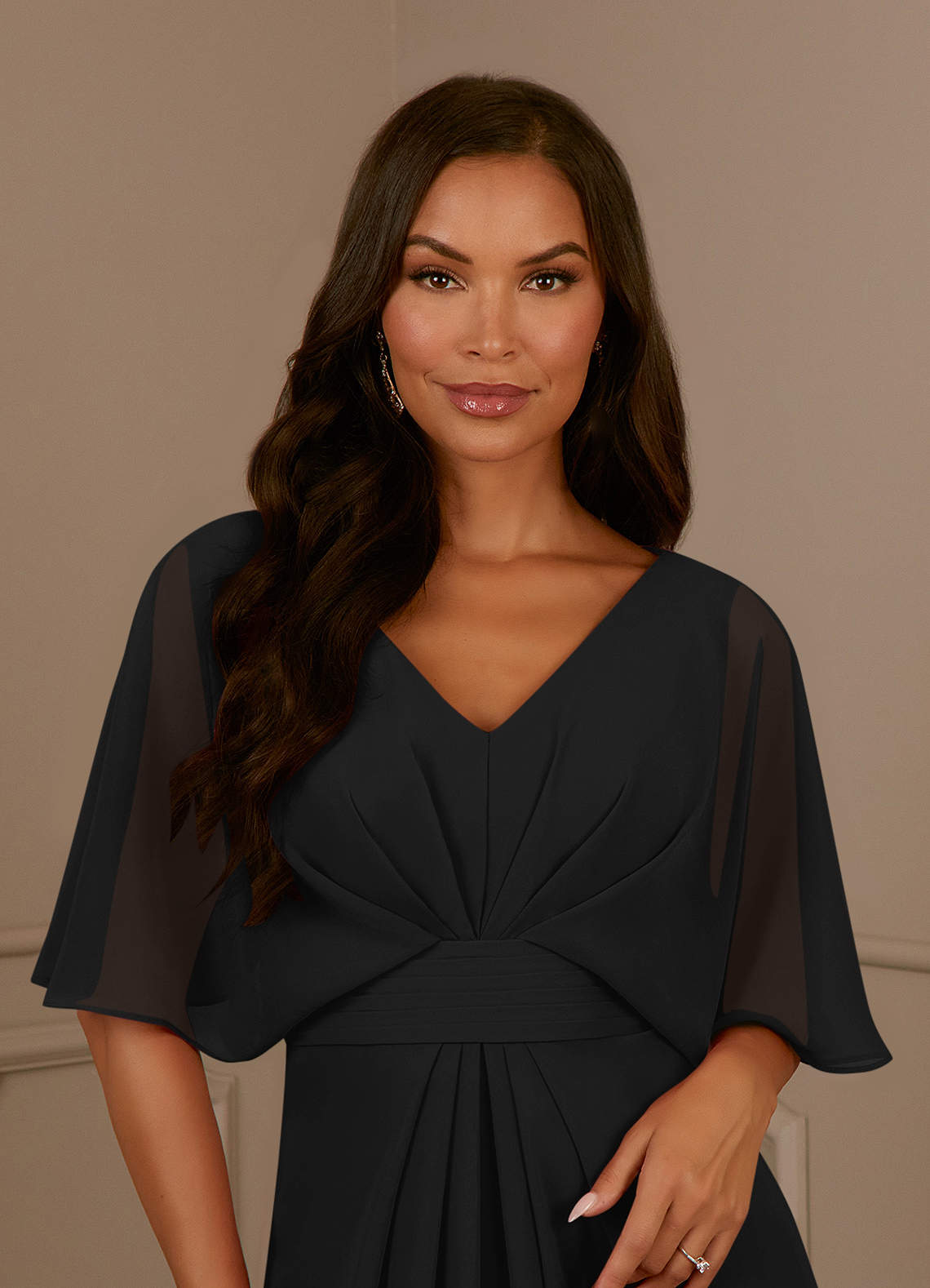 Black A-Line V-Neck Pleated Chiffon Dress