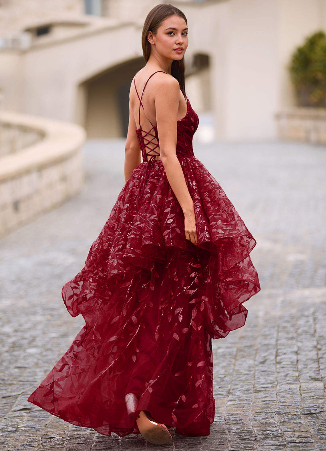 Valentina Burgundy Embroidered Jacquard Sheer Prom Dress  Dress