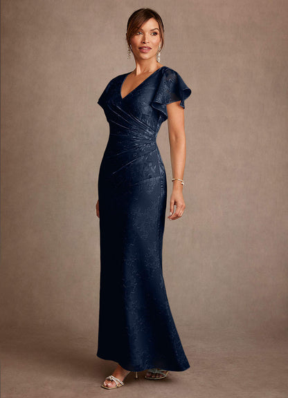 Dark Navy Sheath Pleated Floral Jacquard Dress