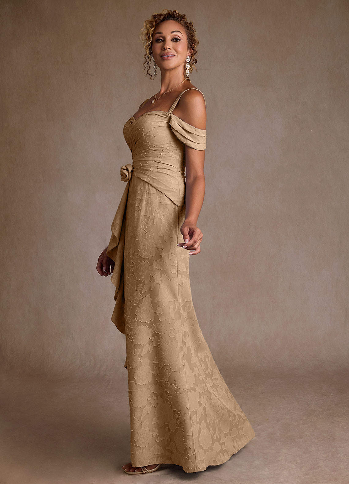 Champagne A-Line Off the Shoulder Floral Burnout Dress