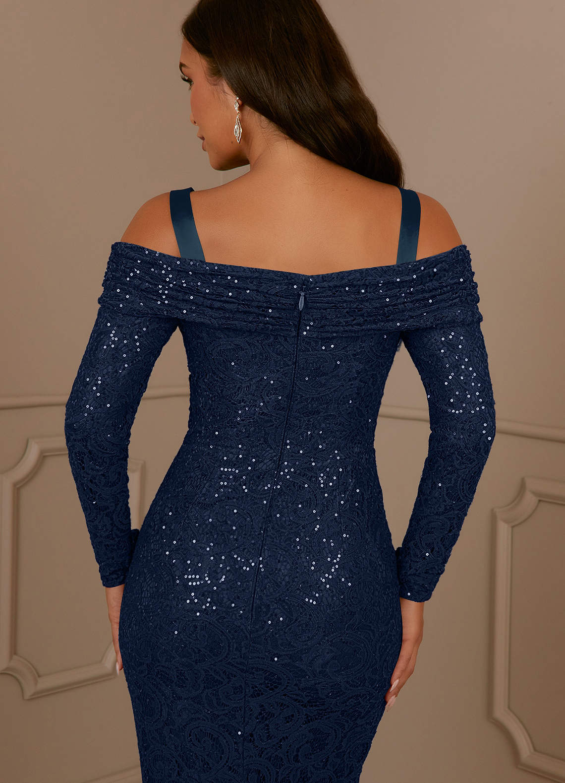 Dark Navy Sheath Sequins Lace Dress