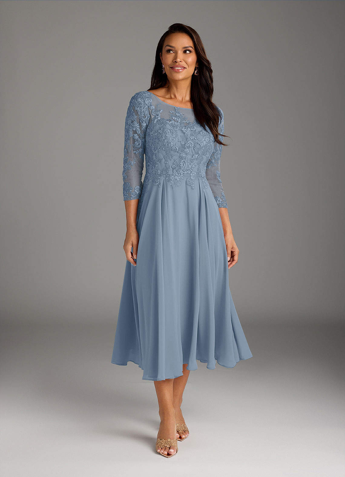 Dusty Blue A-Line Scoop Lace Chiffon Dress