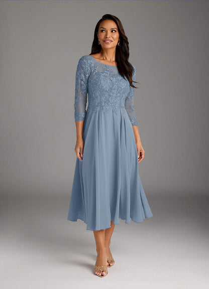 Dusty Blue A-Line Scoop Lace Chiffon Dress