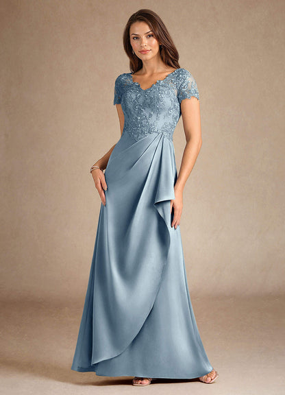 Dusty Blue A-Line Lace Stretch Satin Dress
