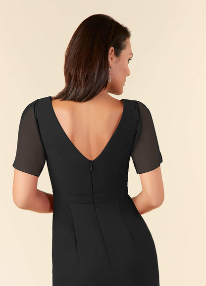 Black Sheath V-Neck Pleated Chiffon Dress