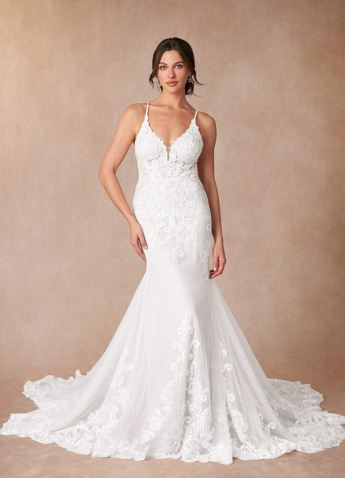 Diamond White Mermaid V-Neck Lace Dress