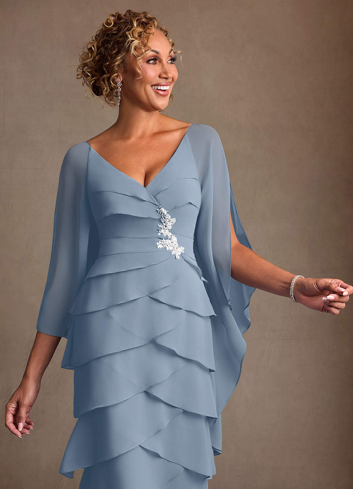 Dusty Blue Sheath Ruched Chiffon Dress