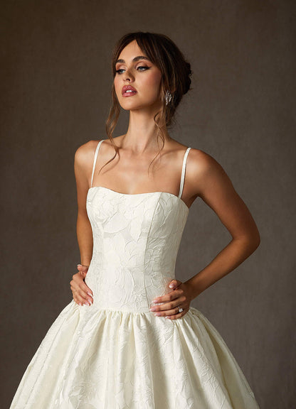 Antique White Ball-Gown Strapless Floral Jacquard Dress