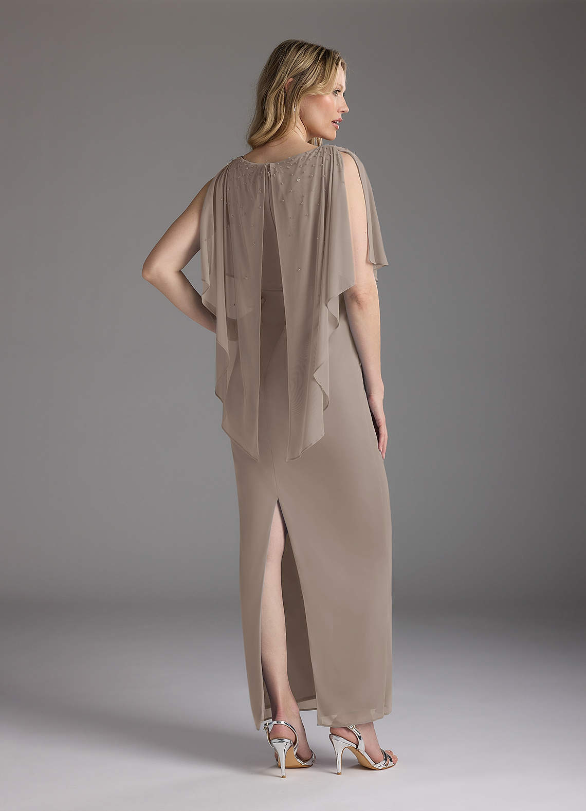 Taupe Sheath Beaded Mesh Dress