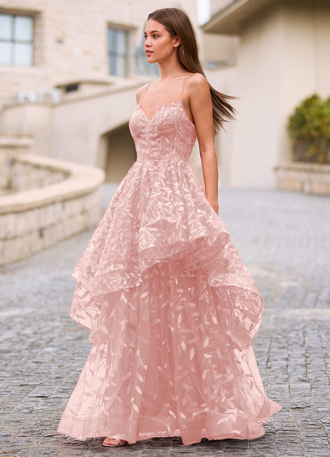 Valentina Pink Embroidered Jacquard Sheer Prom Dress  Dress