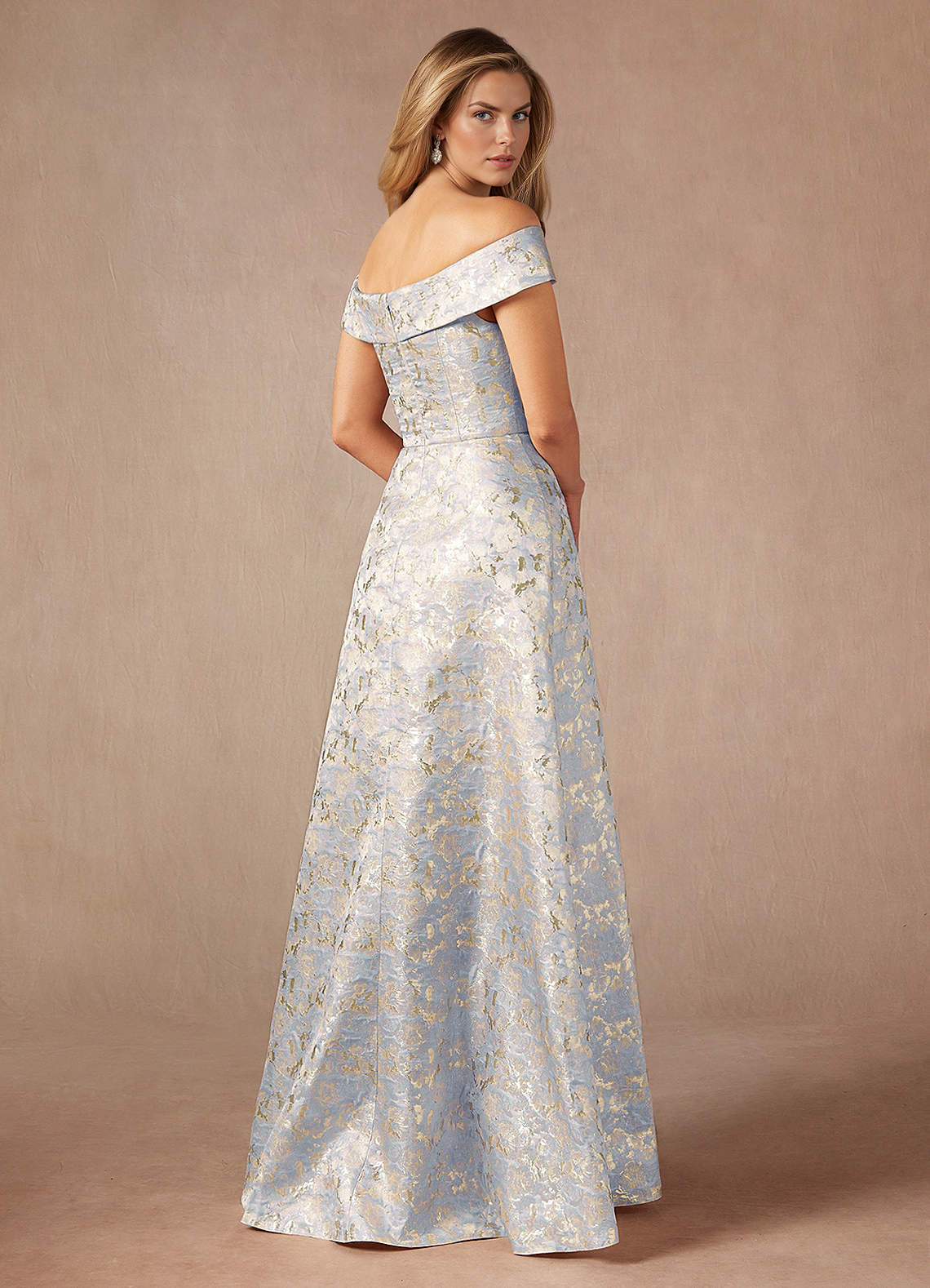 Dusty Blue A-Line Off the Shoulder Jacquard Dress