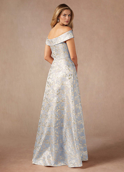 Dusty Blue A-Line Off the Shoulder Jacquard Dress