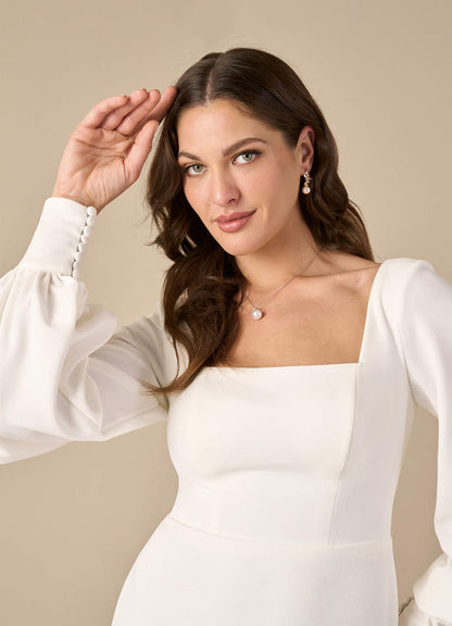 Diamond White Sheath Square Neckline Stretch Crepe Dress