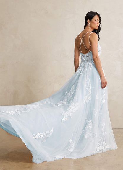 Misty Blue A-Line V-Neck Sequins Tulle Dress