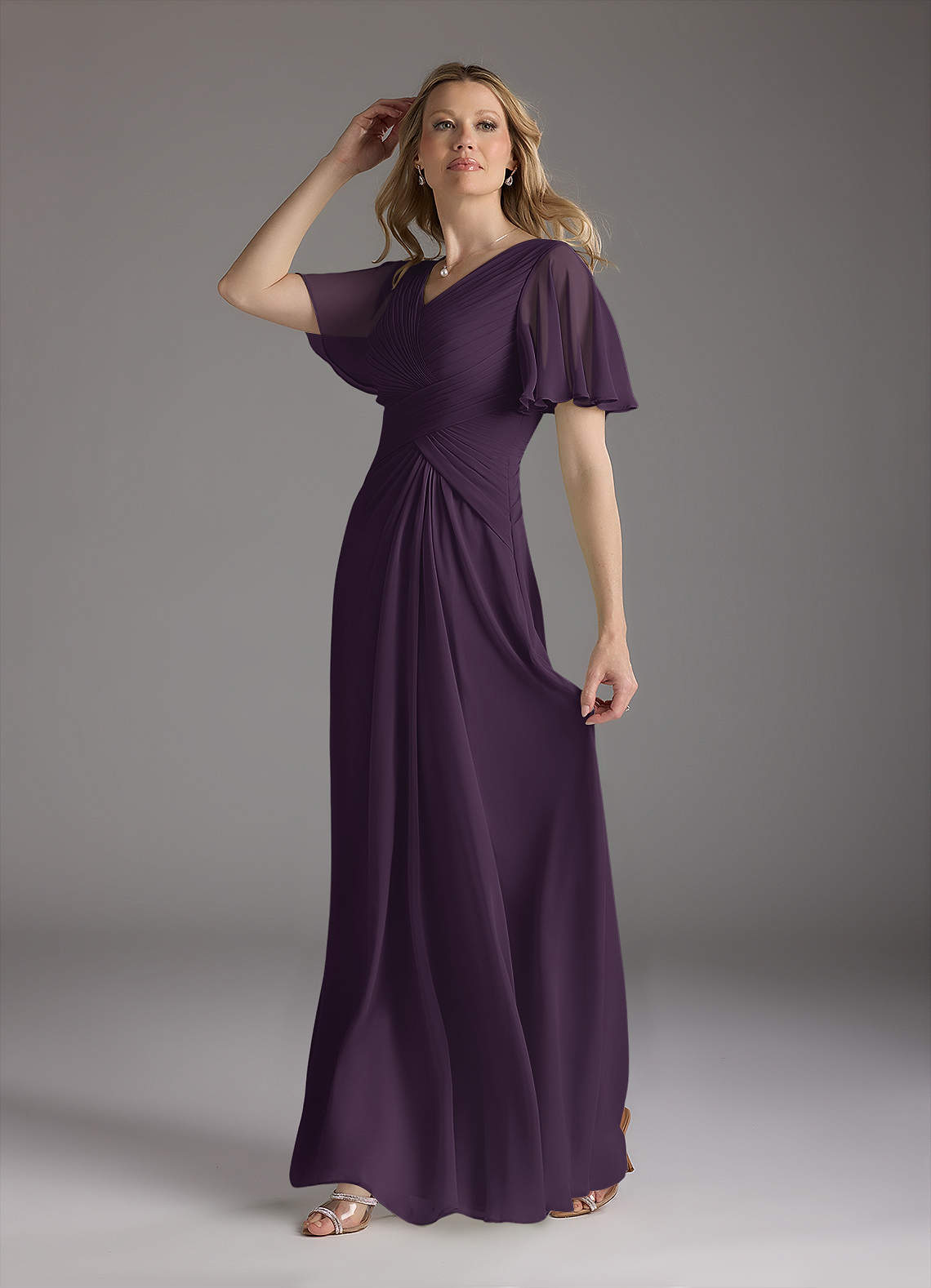 Plum A-Line V-Neck Ruched Chiffon Dress