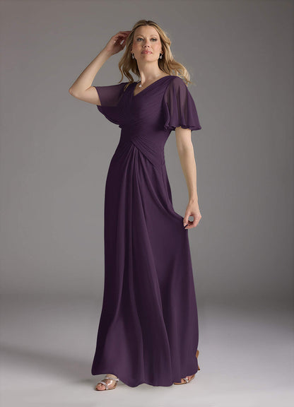 Plum A-Line V-Neck Ruched Chiffon Dress