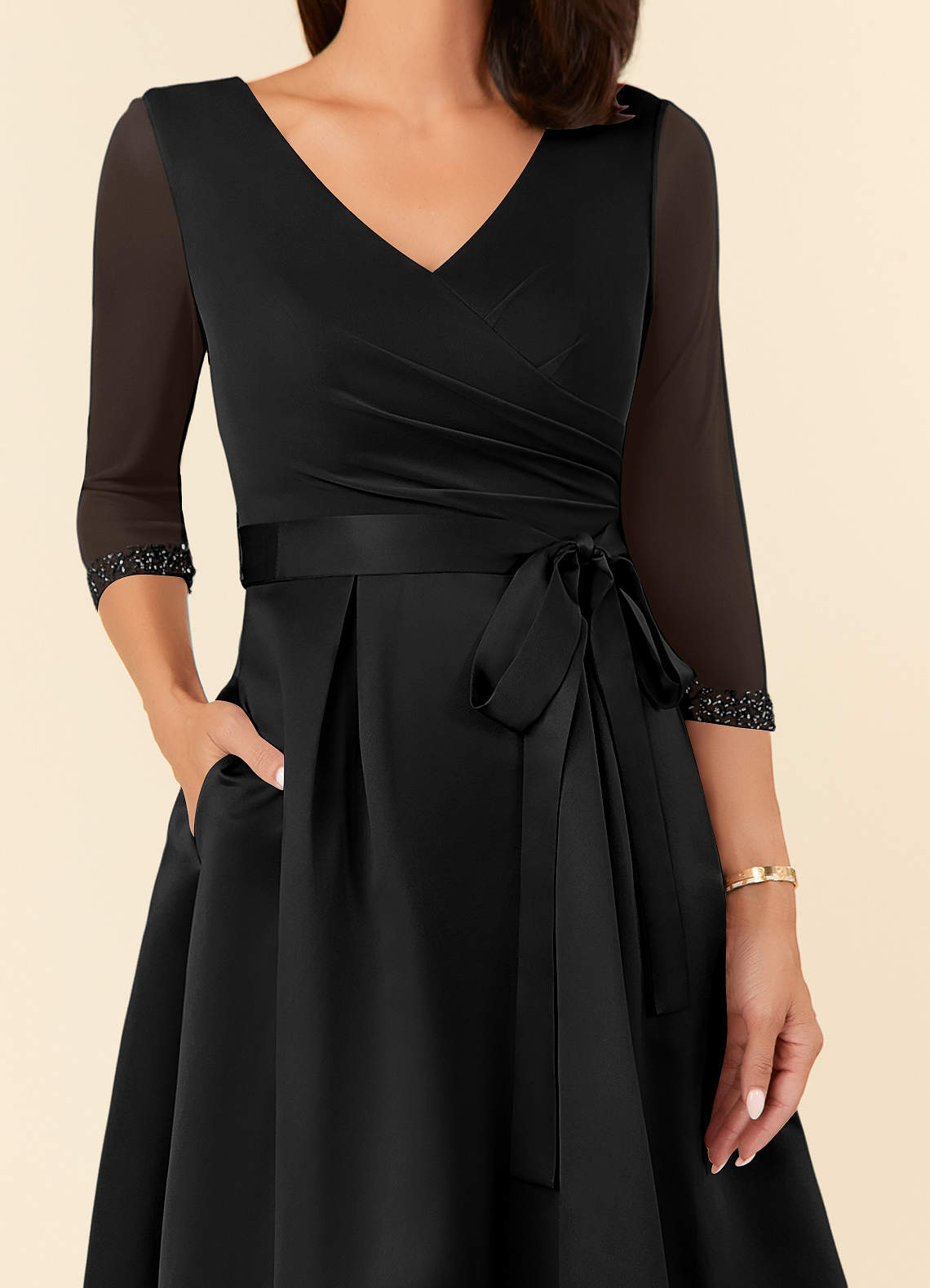 Black A-Line Pleated Matte Satin Dress