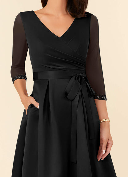 Black A-Line Pleated Matte Satin Dress