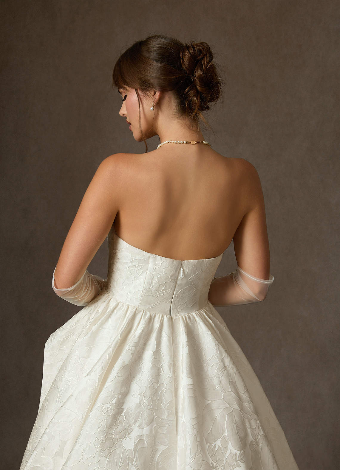 Antique White Ball-Gown Strapless Floral Jacquard Dress