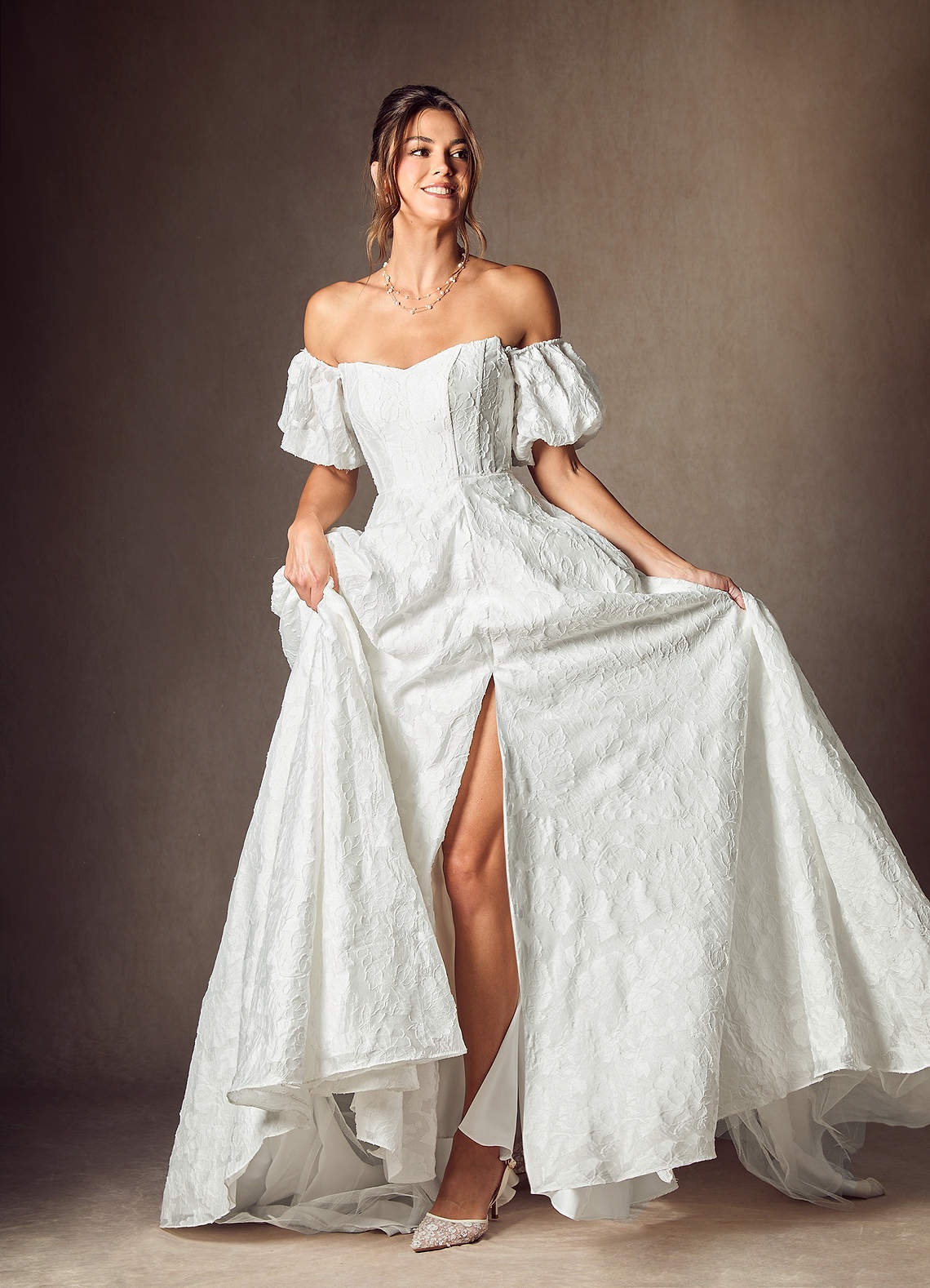 Diamond White Ball-Gown Sweetheart Neckline Floral Burnout Jacquard Dress