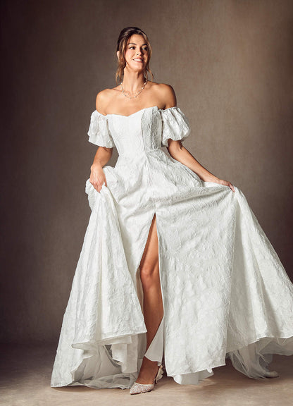 Diamond White Ball-Gown Sweetheart Neckline Floral Burnout Jacquard Dress