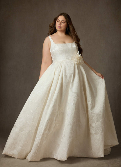 Antique White Ball-Gown with Pockets Floral Jacquard Dress