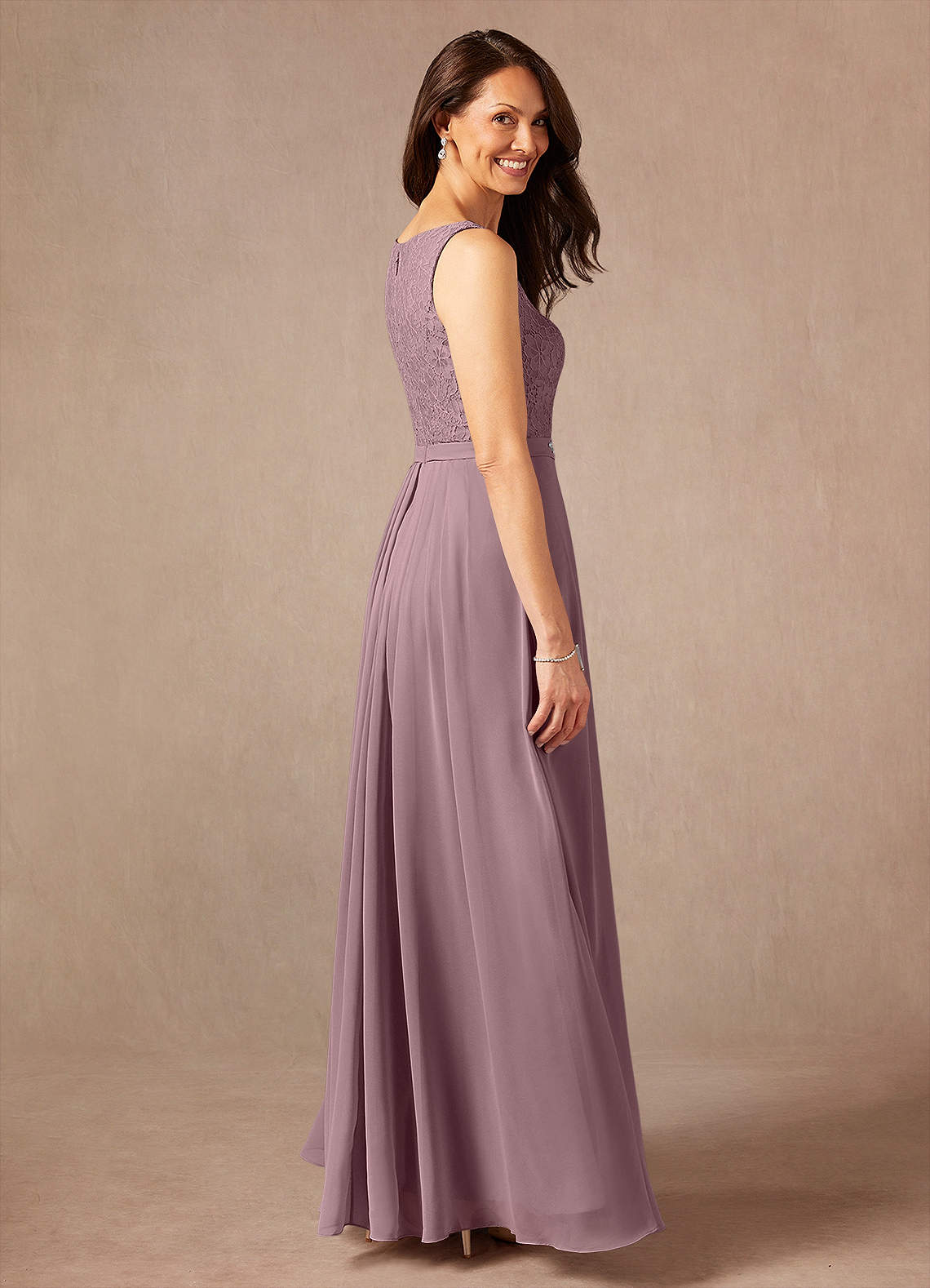 Dusty Rose A-Line Square Neckline Lace Chiffon Dress