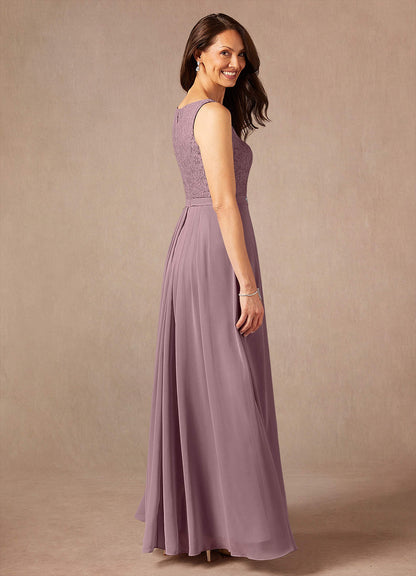 Dusty Rose A-Line Square Neckline Lace Chiffon Dress