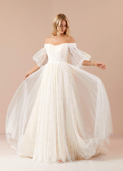 Diamond White Champagne Ball-Gown Sequins Tulle Dress