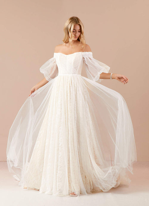 Diamond White Champagne Ball-Gown Sequins Tulle Dress