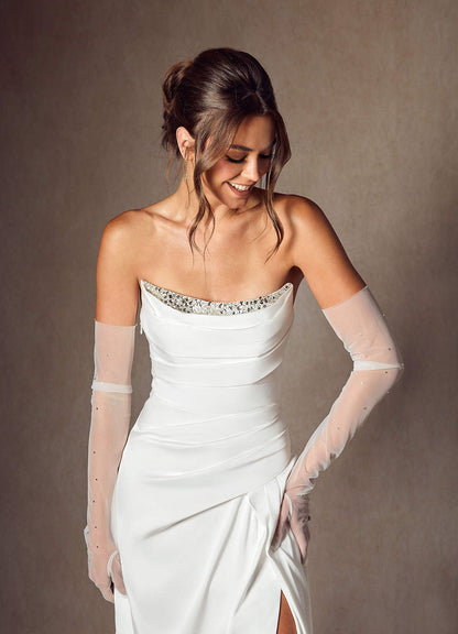 Diamond White Mermaid Strapless Stretch Satin Dress