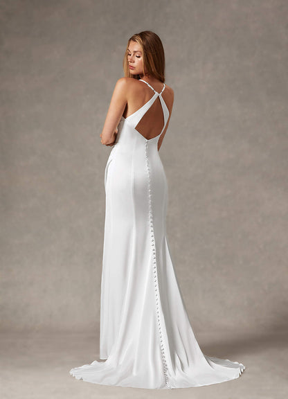 Diamond White Mermaid V-Neck Stretch Satin Dress