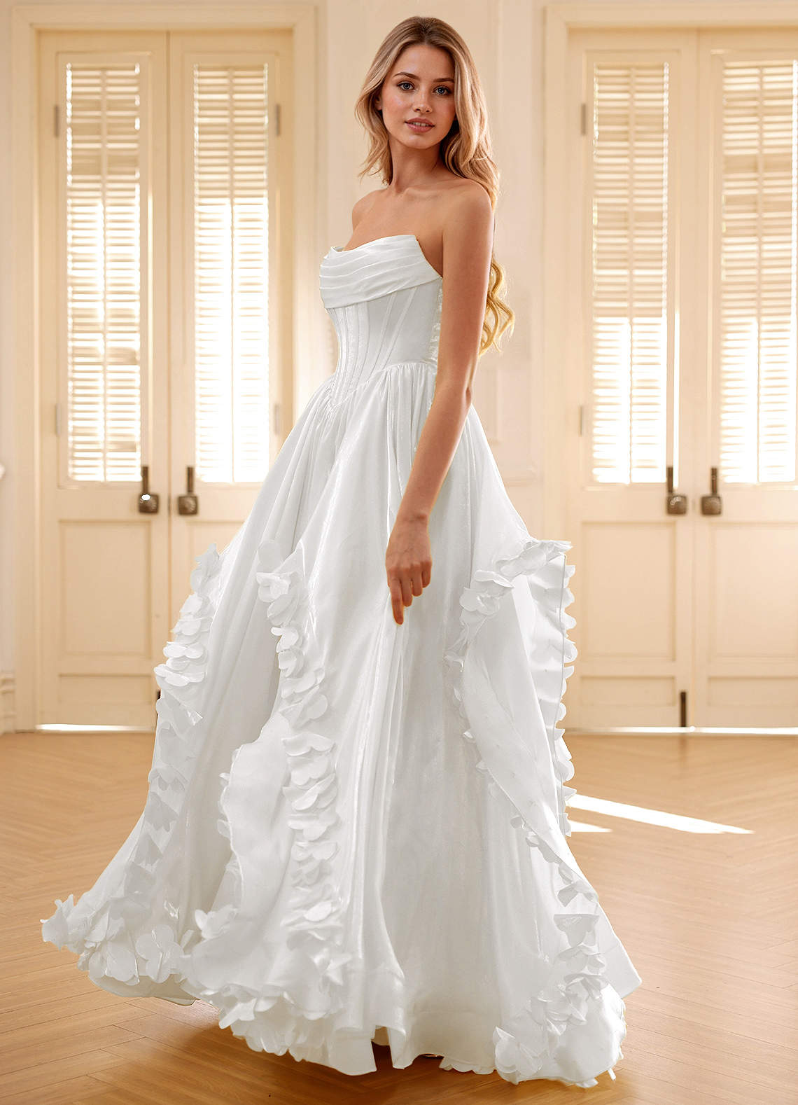 Elysia Ivory Corset Rhinestone Sheer Lace Prom Dress