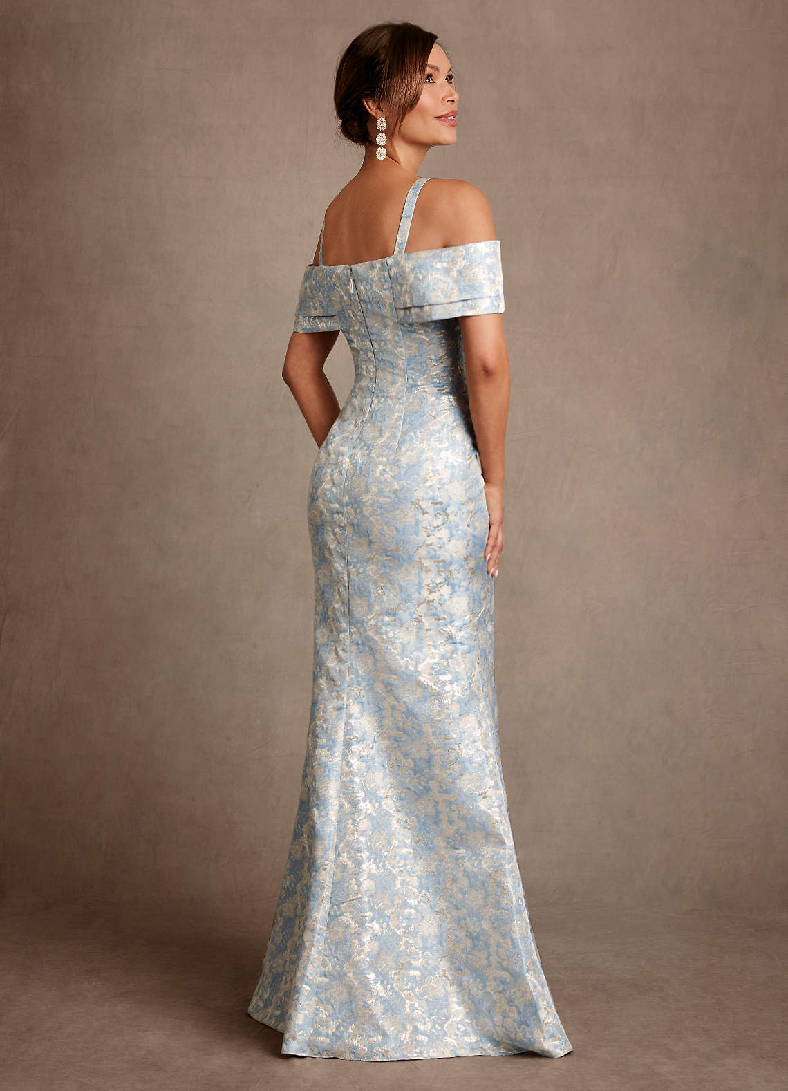 Dusty Blue Mermaid Off the Shoulder Floral Jacquard Dress