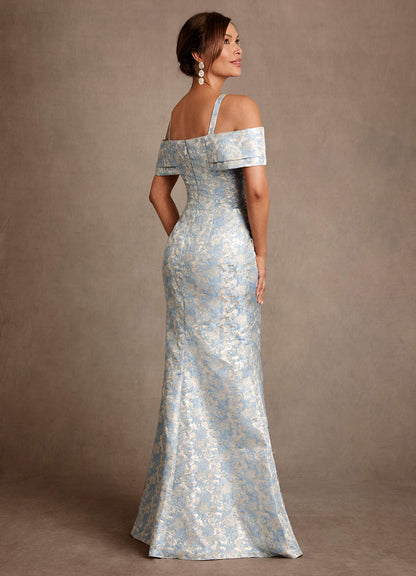 Dusty Blue Mermaid Off the Shoulder Floral Jacquard Dress