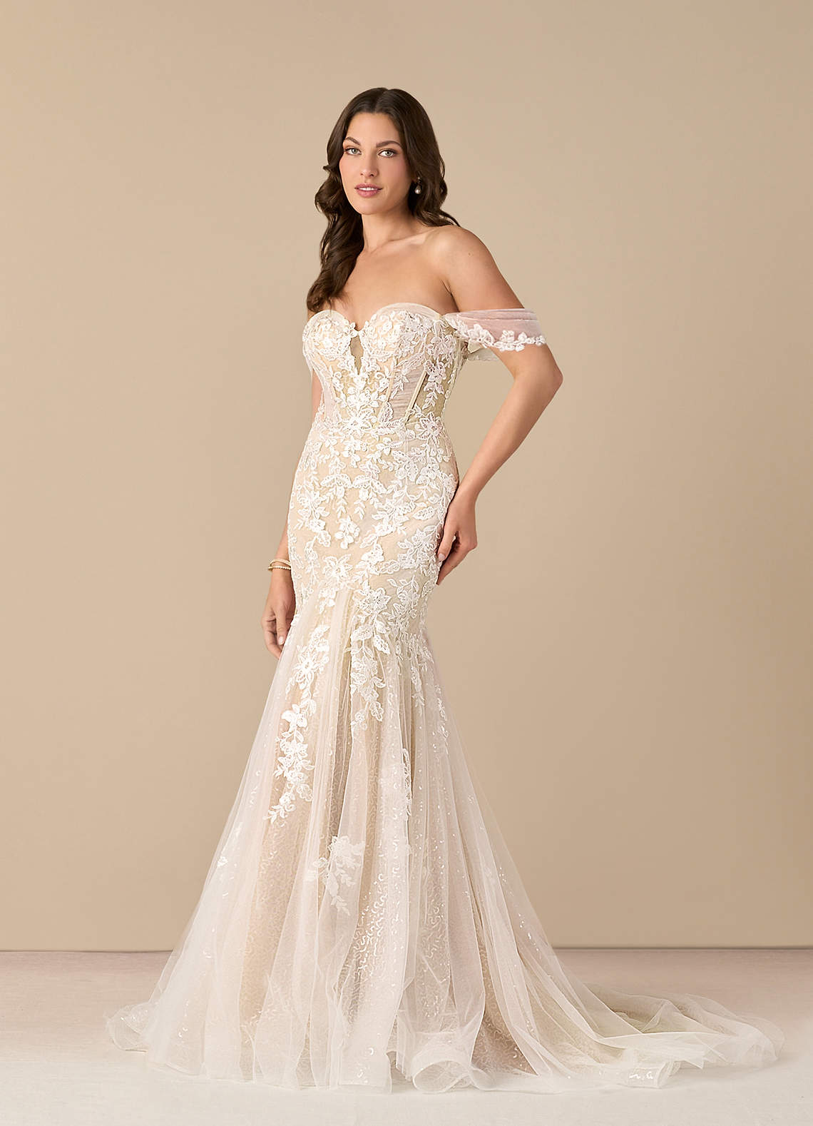 Diamond White Champagne Mermaid Sequins Tulle Dress