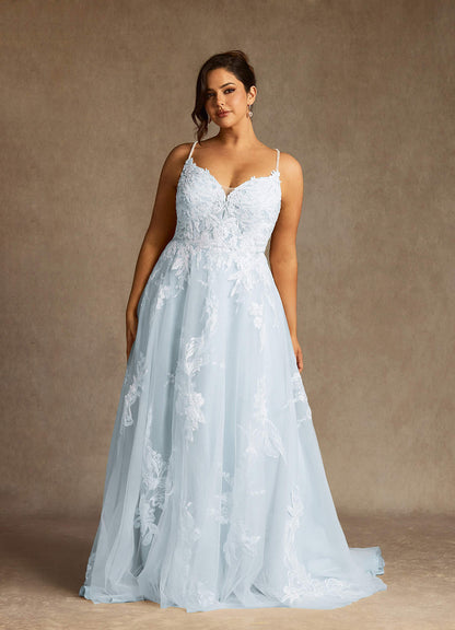 Misty Blue A-Line V-Neck Sequins Tulle Dress