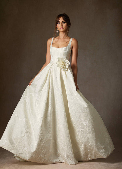 Antique White Ball-Gown with Pockets Floral Jacquard Dress