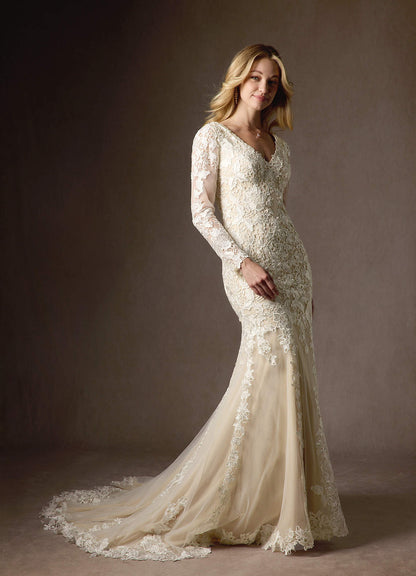 Diamond White Champagne Mermaid V-Neck lace Tulle Dress