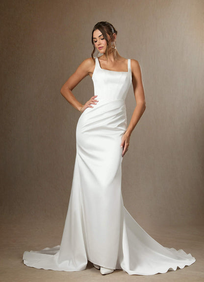 Diamond White Mermaid Square Neckline Double Faced Satin Dress