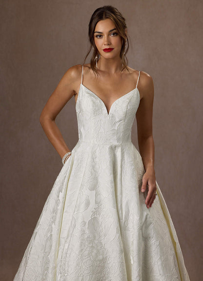 Antique White Ball-Gown with Pockets Floral Jacquard Dress