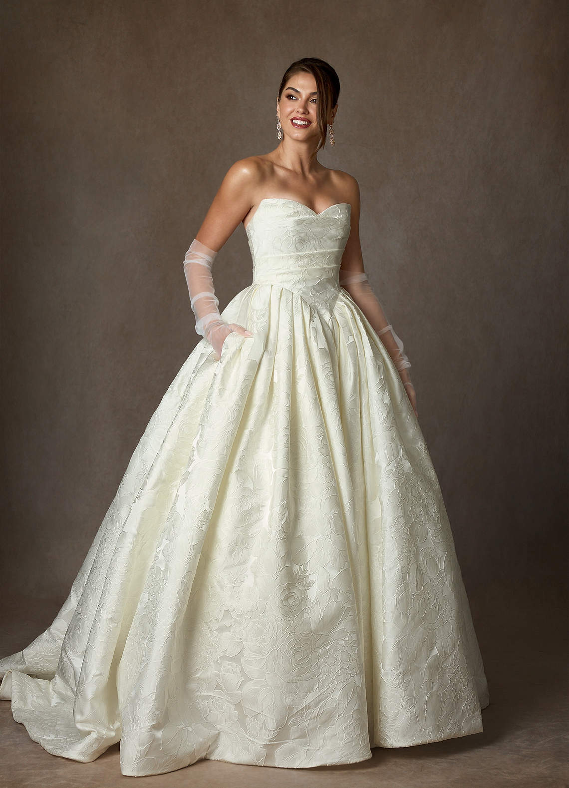 Antique White Ball-Gown Strapless Floral Jacquard Dress