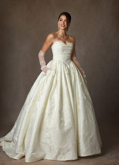 Antique White Ball-Gown Strapless Floral Jacquard Dress