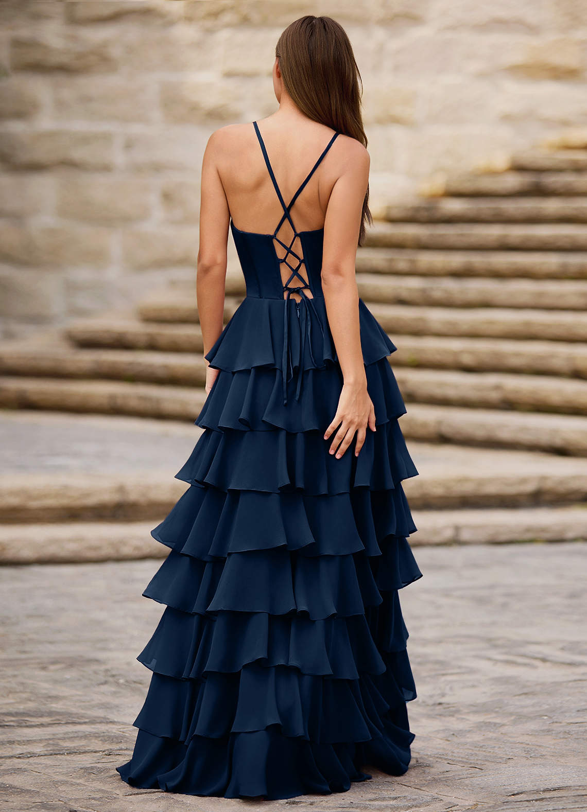 Rhythm Navy Ruffled A-Line Prom Dress  Dress